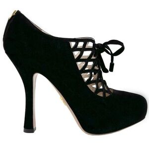 PRADA Black Suede Caged Lace-Up Spool Heel Pump